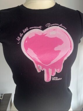 H&M Black Tee with Pink Drip Heart Graphic